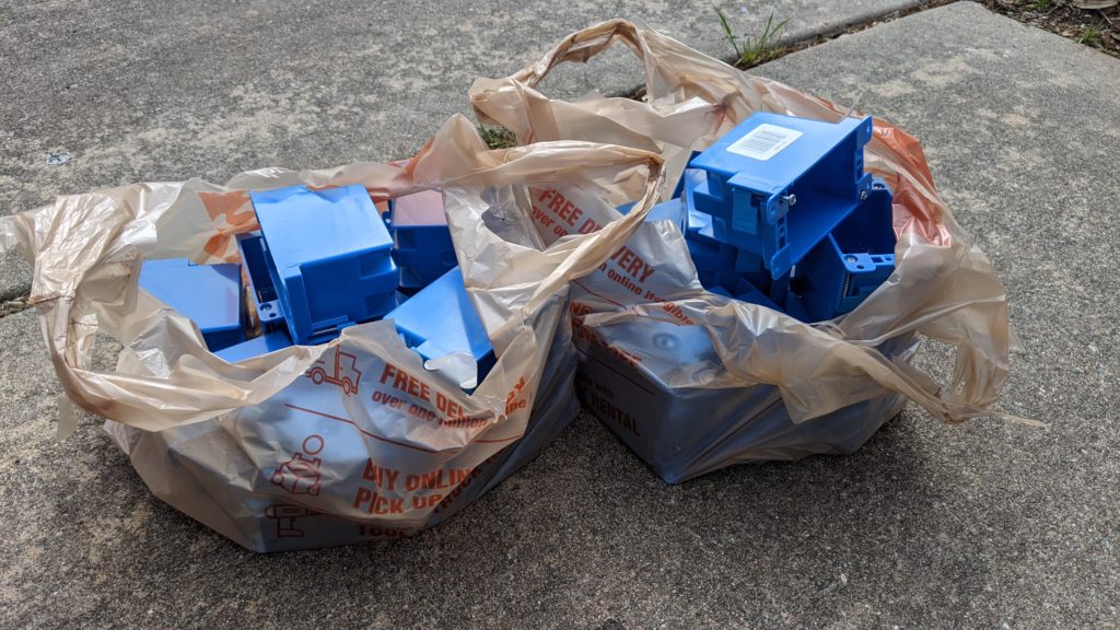 Bags of electrical blue boxes